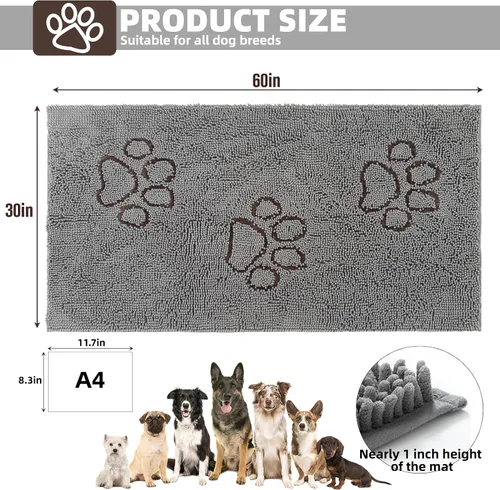 Vista 2 de PUPTECK Tapete para perro sucio de 60 x 30 pulgadas, microfibra súper absorbente, parte trasera antideslizante, tapete para puerta Gery Indooer