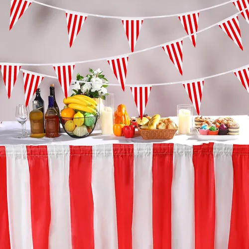 Vista 7 de Tegeme Paquete de 15 faldas de mesa de carnaval a rayas rojas y blancas, 165 x 30 pulgadas, manteles desechables de carnaval con banderines a rayas