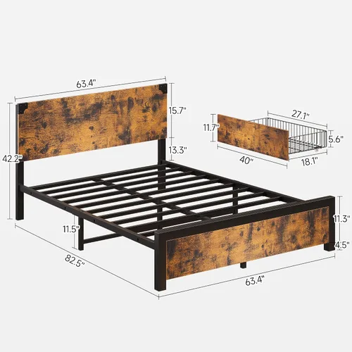 Vista 2 de coucheta Base de cama de tamaño matrimonial con 4 cajones de almacenamiento y cabecero, plataforma de metal resistente y madera rústica, marco