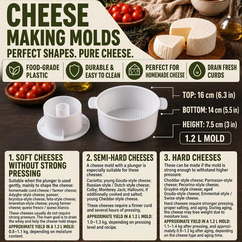 Vista 4 de SHSH trade group Kit de suministro de queso 1.2 L con placa de prensado - Kit de moldes y prensas para queso duro Gouda para hacer quesos - Molde