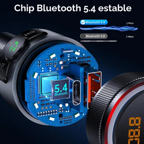 Vista 2 de Syncwire Transmisor FM Bluetooth 5.4 para coche, 38 W PD y QC3.0 Dual USB Carga Bluetooth Adaptador de coche Micrófono y sonido de graves MP3