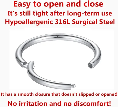 Vista 2 de ORANGELOVE Anillos de nariz hipoalergénicos de 20 G 18 G 16 G 14 G 12 G 10 G 8 G 316 l joyería de tabique de acero quirúrgico con bisagras anillo