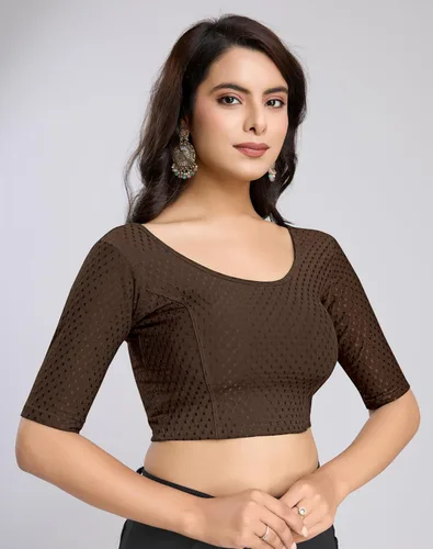 Vista 3 de TRENDMALLS Blusa de sari de algodón puro para mujer, elástica, confeccionada, con mangas hasta el codo, lista para usar