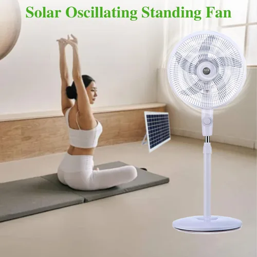 Vista 4 de Ventilador de pie oscilante solar, ventilador vertical solar, ventilador de pedestal de pie recargable con panel solar, batería de 10000 mAh, dos