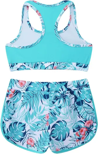 Vista 2 de Nikiikoo - Conjunto deportivo de 2 piezas para niñas y niñas, parte superior corta y pantalones cortos atléticos para gimnasiabailedeportes