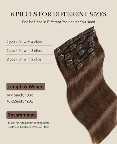 Vista 30 de VINBAO Extensiones de cabello humano con clip, balayage, color marrón ceniza a rubio caramelo, 14 pulgadas, 6 unidades, 3.53 onzas, 6