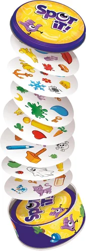 Vista 4 de Asmodee Spot It! Juego de cartas clásico (actualización 2024) - Edición con funda ecológica, juego de percepción visual 5 en 1 para reflejos rápidos