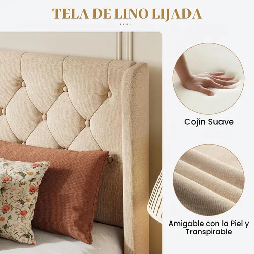 Vista 4 de SHA CERLIN Marco de cama tapizado completo, diseño capitoné con botones, color beige