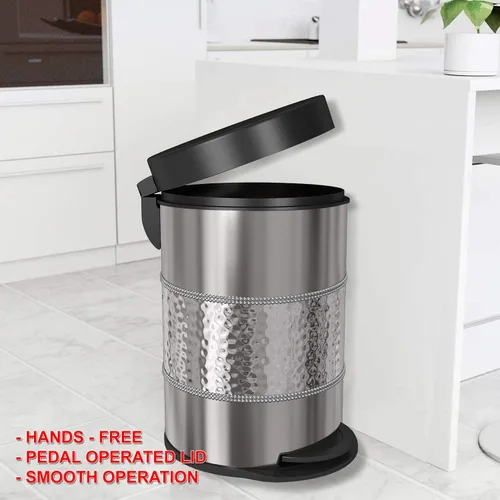 Vista 3 de nu steel Cubo de basura redondo de 5 litros con escalón de metal pequeño, contenedor de basura, para baño, tocador, dormitorio, cocina, oficina