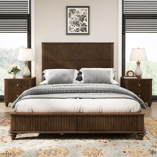 Vista 16 de Conjunto de dormitorio de 4 piezas estilo granja, cama plataforma tamaño queen con 2 mesitas de noche y almacenamiento de 5 cajones, estructura