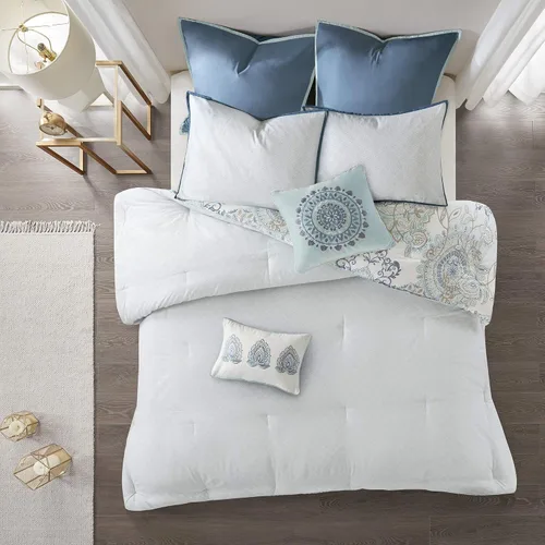 Vista 4 de Madison Park Juego de temporada, falda de cama a juego, almohadas decorativas, Queen (90 x 90 pulgadas), Isla, medallón floral azul, 8 piezas