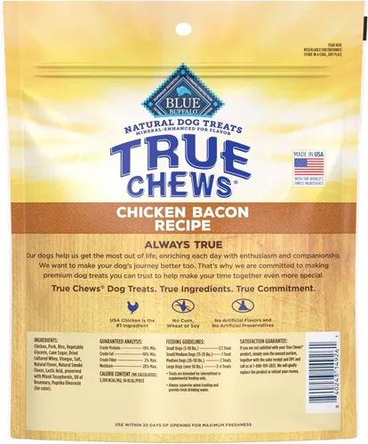Vista 2 de Blue Buffalo True Chews - Golosinas para perros, hechas en EE. UU. con ingredientes naturales, receta de tocino de pollo, bolsa de 12 onzas Pollo