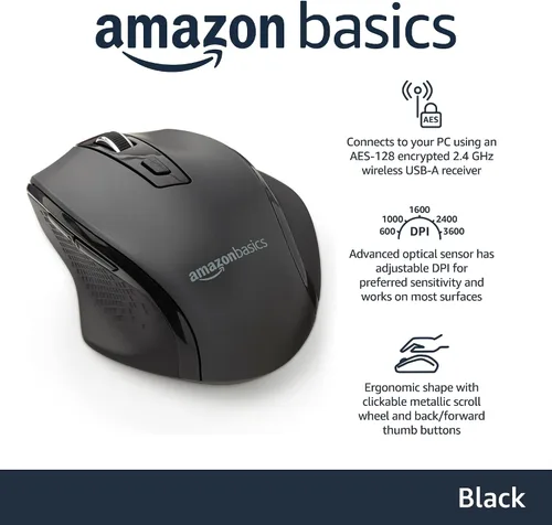 Vista 9 de Amazon Basics Ratón inalámbrico para computadora, ergonómico, óptico de 2,4 GHz, DPI ajustable, compatible con PC, Mac, portátil, negro