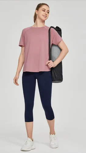 Vista 7 de Dragon Fit Camisetas de entrenamiento ligeras para mujer, de manga corta, cuello redondo, para yoga, camisetas atléticas casuales