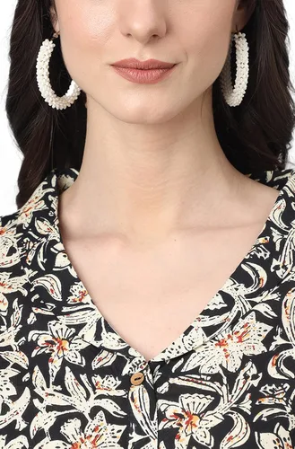 Vista 8 de Janasya Top regular con estampado floral de algodón negro para mujer india