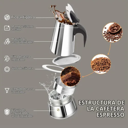 Vista 3 de Olla de Moka de 2 Tazas 100ml, Cafetera de Espresso de Acero Inoxidable, Cafetera de Percolador para Estufa, Cafetera Italiana de Estilo Clásico