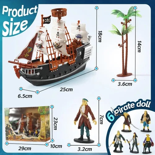 Vista 5 de Figuras de acción pirata, juego de barco pirata, juguetes de simulación de barco pirata con 6 figuras de acción y árbol, juguete de juego