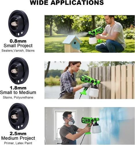 Vista 7 de Pulverizador de pintura, pistola eléctrica HVLP de 800 W con juntas de limpieza/soplado, 3 boquillas de 3 patrones y recipiente de 47.3 fl oz