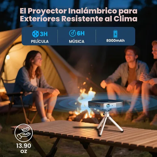 Vista 2 de Mini proyector portátil con altavoz de batería recargable y tirpod, proyector pico de 1080P (entrada 4K), sistema de transmisión integrado