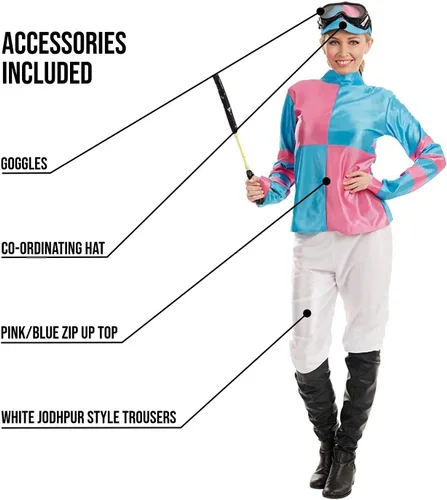 Vista 3 de fun shack Disfraz de jockey para mujer, disfraz de jinete de caballo para mujer, traje de jockey, disfraz de Halloween de jockey, disfraz ecuestre