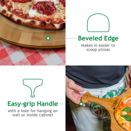Vista 5 de Pala de madera de bambú prémium para pizza y tabla de cortar con mango (para hornear pizza, pan, cortar frutas, verduras, queso) – Tamaño personal