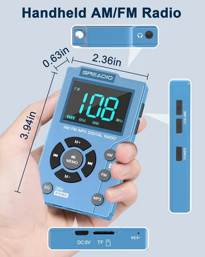Vista 5 de Greadio Radio AM FM portátil con reproductor de MP3, la mejor radio de bolsillo de recepción, pantalla LCD grande y fácil de usar, estéreo de 6