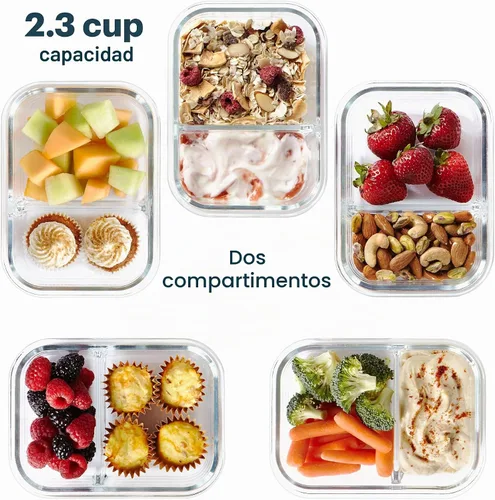 Vista 3 de Pyrex Caja de comida de vidrio (paquete de 5, 2.3 tazas), compartimentos Para preparar comidas y porciones, sin BPA, apto para microondas