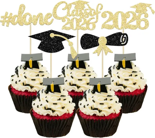 Vista 16 de Gyufise 24 piezas Adornos para pastel de graduación 2026 con purpurina negra, clase de 2026, adornos para magdalenas con gorra de graduación