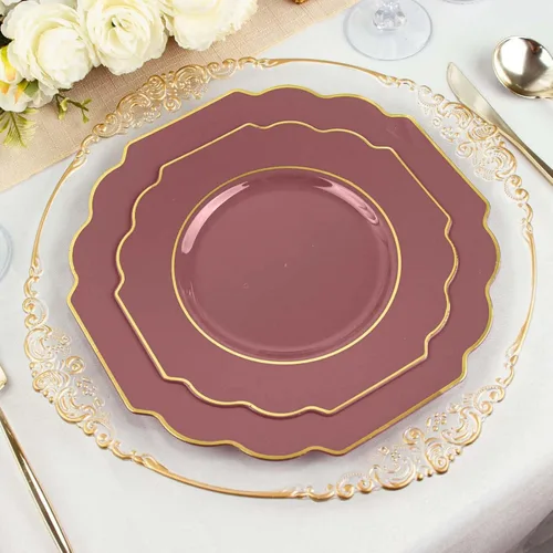 Vista 2 de Efavormart - Paquete de 10 platos de postre de plástico color rosa canela de 8 pulgadas, con borde dorado barroco, platos de ensalada desechables