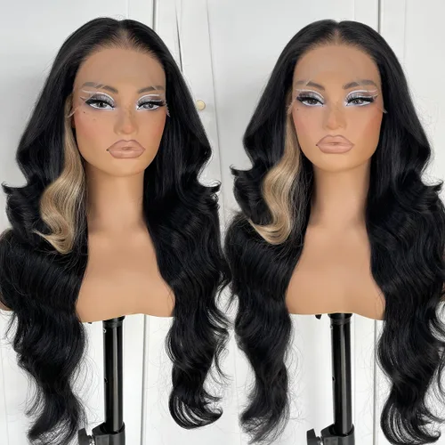 Vista 8 de #27 Peluca de encaje frontal rubia miel sin pegamento, onda corporal, pelucas de encaje frontal sintéticas prediseñadas, con línea de cabello