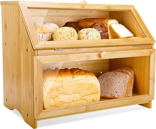 Vista 9 de HOMEKOKO Panera grande de doble capa para encimera de cocina, contenedor de almacenamiento de pan de madera de gran capacidad (negro)