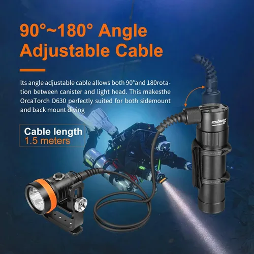 Vista 2 de ORCATORCH D630 V2.0 4600 lúmenes - Luz de buceo con recipiente primario 7° Narrow Beam, 5 CREE LEDs, Adjustable Cable Angle (90°–180°), Side Mount