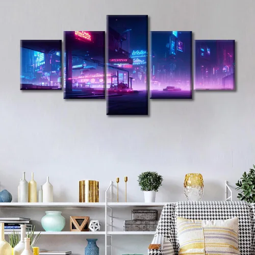Vista 322 de Cuadros de 5 paneles de Cyberpunk City, arte de pared, representación de vallas publicitarias, edificios modernos en la capital con obras de arte