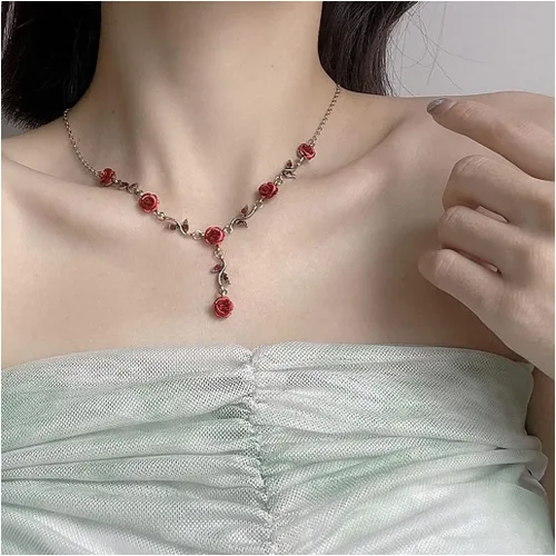 Vista 3 de Juego de 3 piezas de joyería de color rojo rosa, collares de flores, aretes colgantes, pulsera, joyería de graduación de oro rosa para mujer, boda