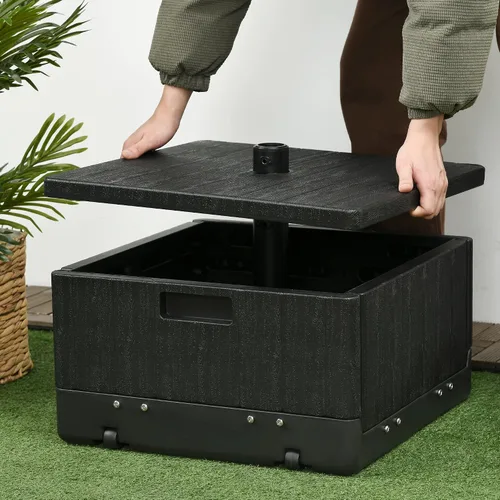 Vista 9 de Outsunny Base de sombrilla para exteriores 2 en 1, maceta con orificio de drenaje, capacidad de 175 libras, resistente, rellenable, con ruedas