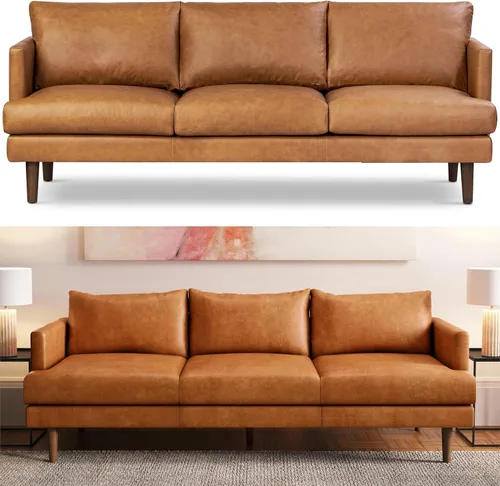 Vista 12 de POLY & BARK Mateo 82” Sofá – Cuero italiano de grano completo y acabado de anilina en color chocolate marrón, cojines de plumón, estructura
