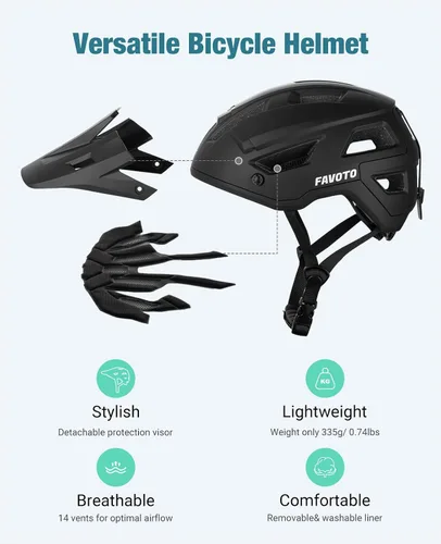 Vista 6 de Favoto Casco de bicicleta de montaña para adultos para hombres y mujeres, casco de MTB con hebilla magnética con visera extraíble, ligero