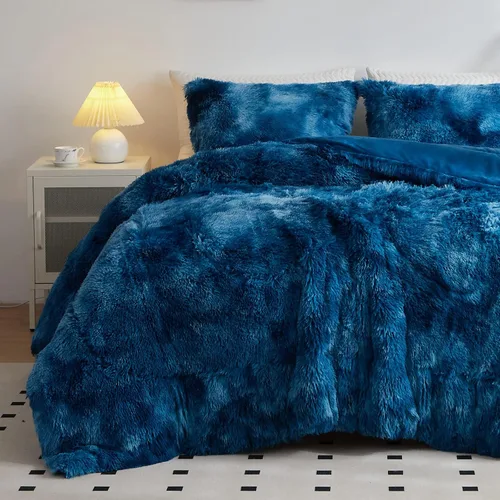 Vista 23 de Wajade Juego de edredón de felpa de pelo sintético teñido anudado negro, juego de ropa de cama mullido y peludo, juego de edredón de microfibra