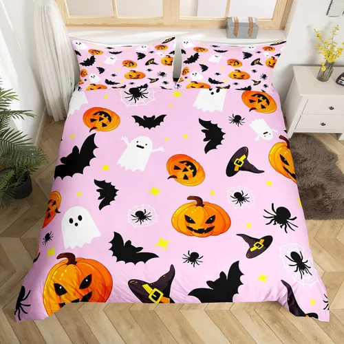 Vista 13 de Juego de funda de edredón de esqueleto, tamaño individual, estampado de flores de esqueleto humano, juego de ropa de cama con temática de Halloween