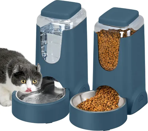 Vista 8 de Paquete de 2 alimentadores automáticos para gatos y dispensador de agua de acero inoxidable, juego de bebedero para perros por gravedad, juego