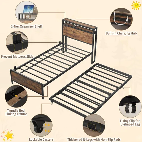 Vista 5 de IRONCK - Sofá cama doble con cama nido, cabecera de almacenamiento y estación de carga Sturdy Metal Twin Bed Frame, Space-Saving Pop Up Trundle