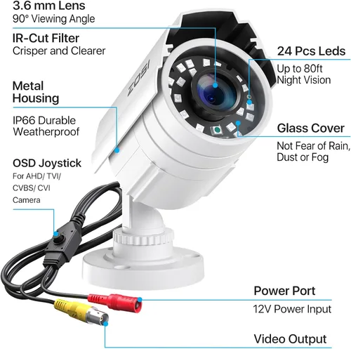 Vista 8 de ZOSI - Cámara de seguridad para exteriores e interiores de 2MP, 1080p HD, 1920TVL (híbrida 4 en 1 HD-CVI/TVI/AHD/960H analógica CVBS), 24 ledes