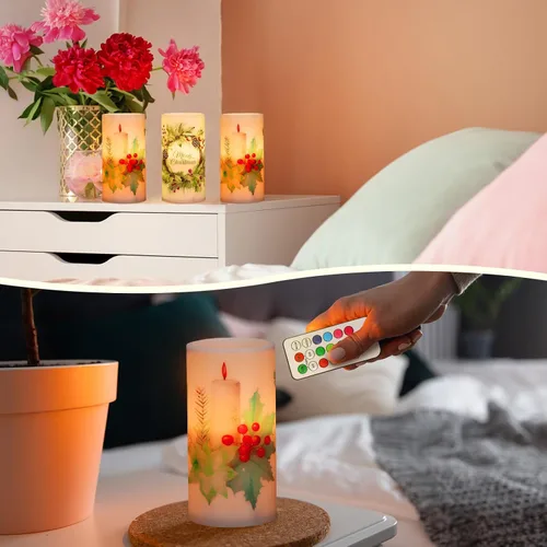 Vista 7 de Retisee 3 piezas de velas de Navidad sin llama estilo granja con control remoto, velas LED operadas a batería estilo rústico, decoración de Navidad