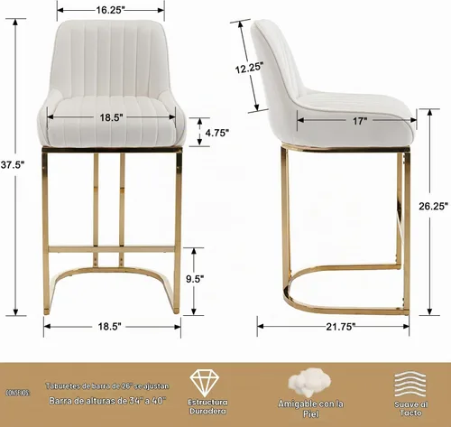 Vista 3 de Shunzhi Juego de 4 taburetes de bar de terciopelo beige, modernos y cómodos taburetes de mostrador con respaldo/patas doradas, sillas de bar