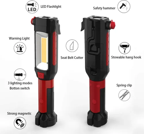 Vista 2 de Maksone Herramienta automática de emergencia 9 en 1 con linterna, interruptor de ventanas y cortador de cinturón de seguridad, luz de trabajo LED