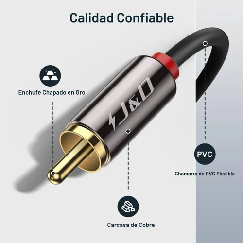 Vista 2 de J&D 2 cables RCA M/M, cable de audio estéreo chapado en oro, 2RCA macho a 2RCA macho, cable de audio auxiliar de cobre para cine en casa, HDTV