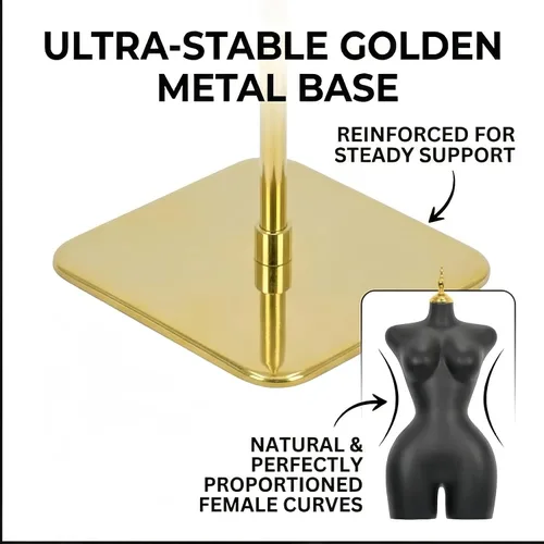 Vista 6 de Modelo de torso de maniquí femenino dorado y plateado con altura ajustable y soporte de base de metal para tienda de ropa al por menor (negro, L)