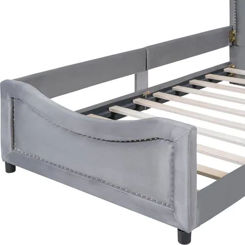 Vista 5 de Harper & Bright Designs Sofá cama tapizado con plataforma de terciopelo individual, cabecera clásica a rayas, sofá cama de madera para adultos