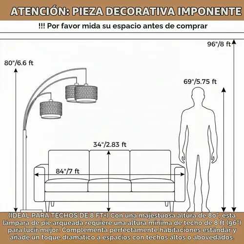 Vista 5 de Lámpara de pie de ratán dorado para sala de estar, lámpara de pie bohemia de 80 pulgadas de alto con interruptor giratorio, lámpara de arco de 3