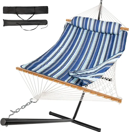 Vista 12 de Everyfun - Hamaca para 2 personas al aire libre con soporte, hamaca de cuerda de algodón con almohadilla de poliéster, estructura de acero